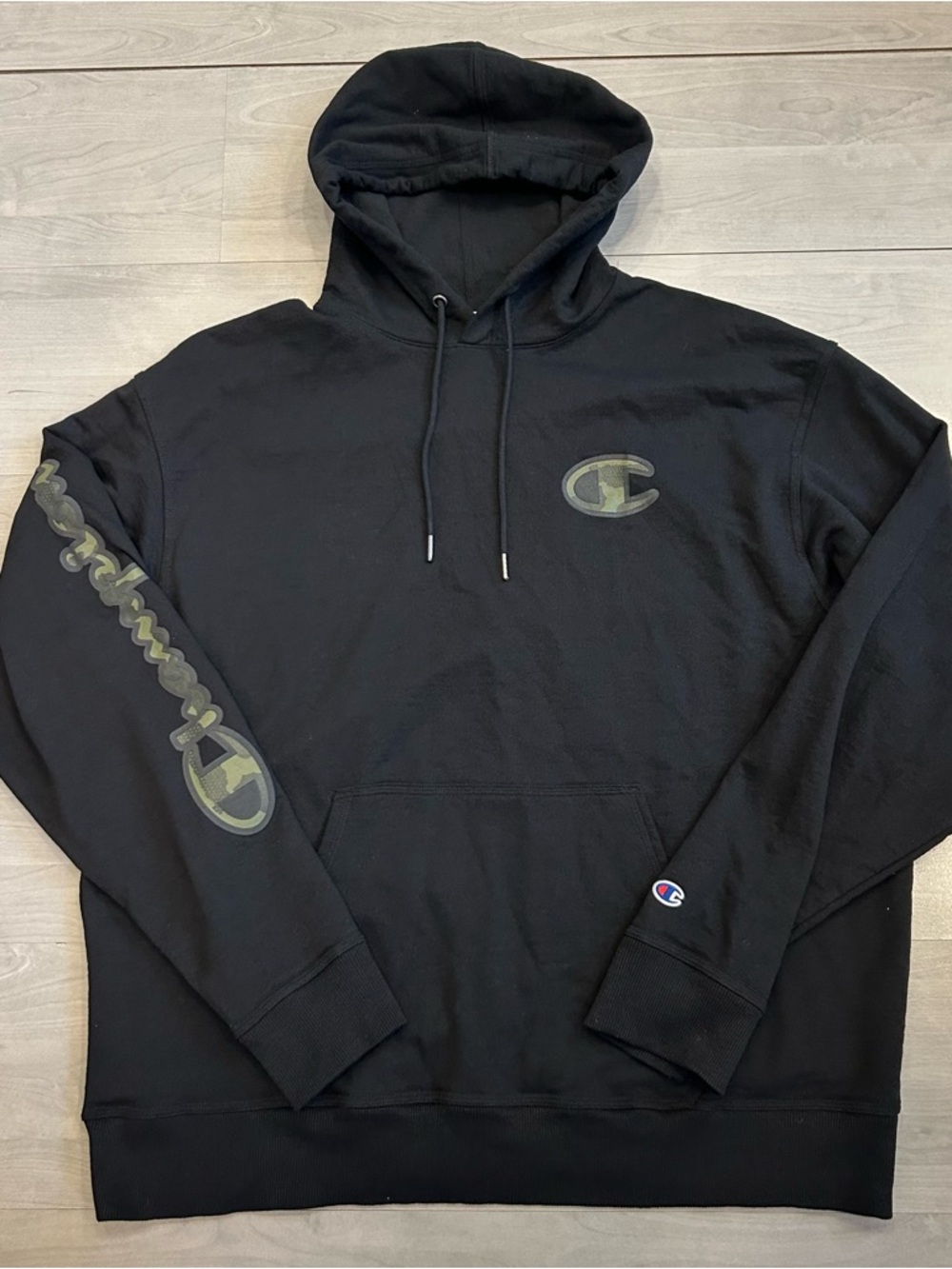 Champion Powerblend Hoodie 2XL Black Mesh Camo Logo Pullover Sweatshirt